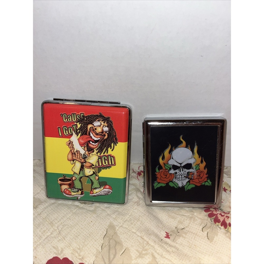 Metal Cigarette Case Lot Of 2 , Reggae "Cause I Got Too High" And Skull